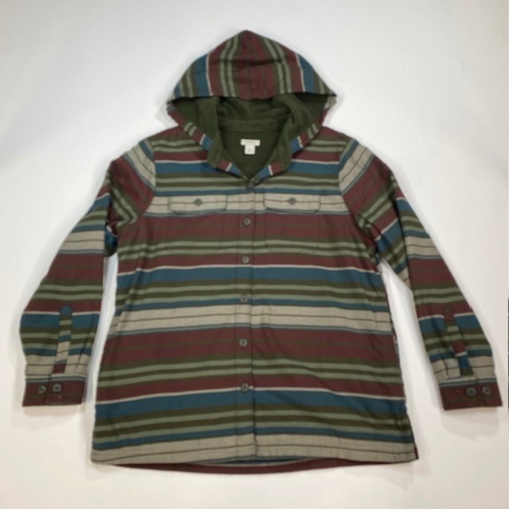 LLBean Hooded Flannel Shirt Jacket Multi Stripe‎ Button Front Size S Petite